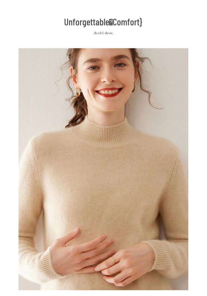 Women's Thickened Warm Cashmere Half-High Collar Sweater - Autumn/Winter 2024 Plain Knit Slim-Fit