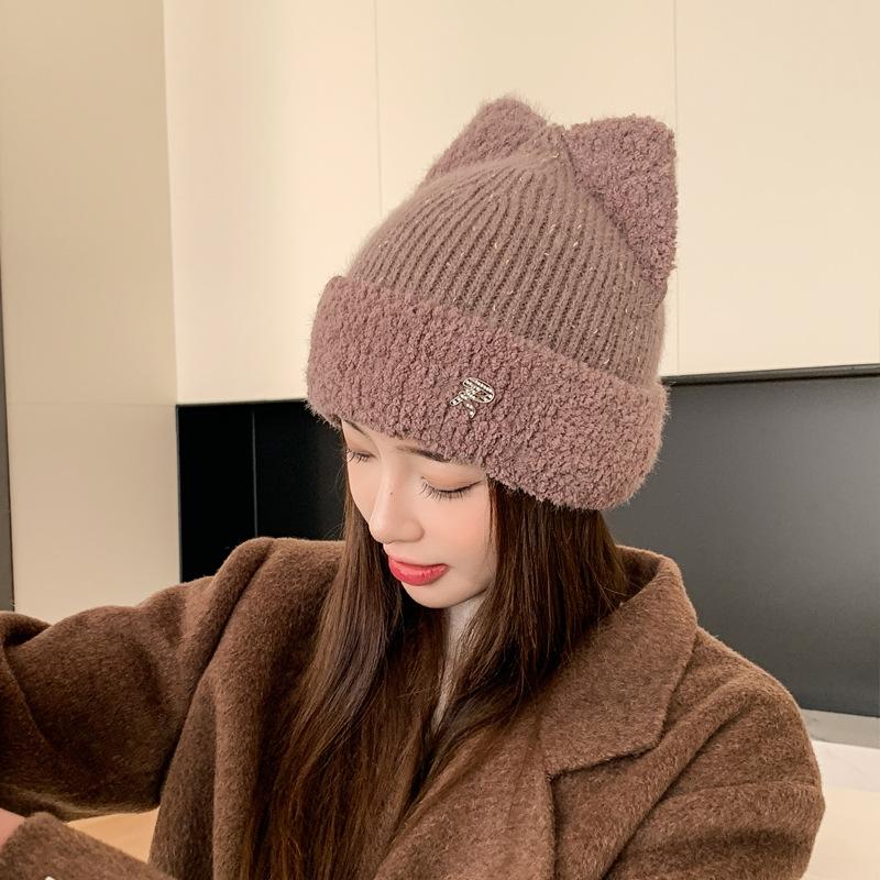 New wool hat cat ears ear protection autumn and winter warm cold hat men's and women's cute knitted hat