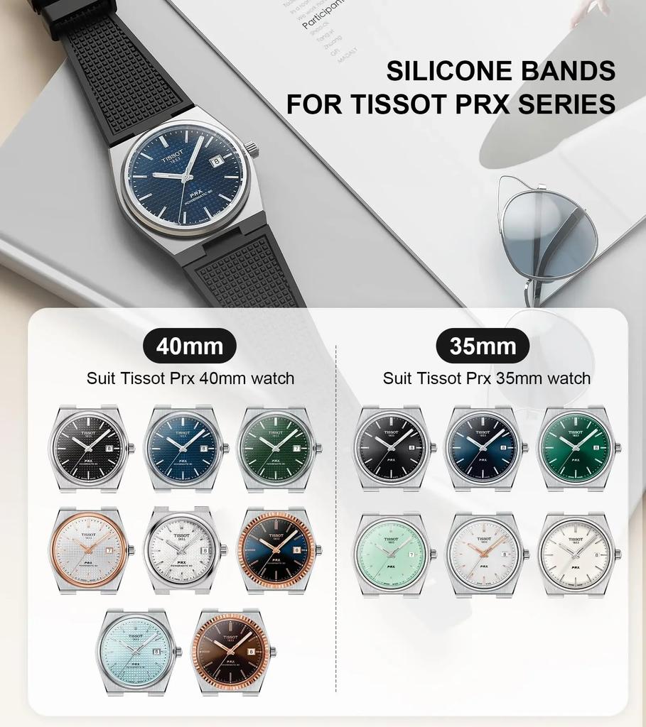 FKM Strap for Tissot PRX Series T137.407/T137.410 Super Player 40mm Convex Fluoro Rubber Quick Release Watch Band Bracelet 12mm