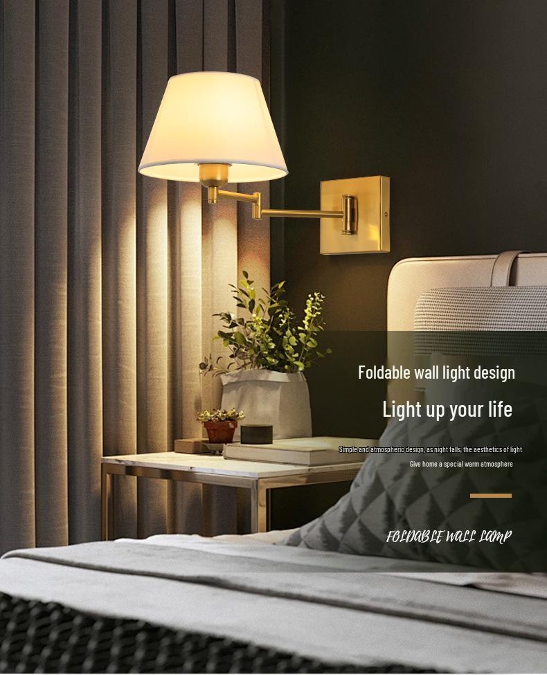 Modern LED Swing Arm Wall Light with Fabric Shade for Bedroom, Study, or Living Room.