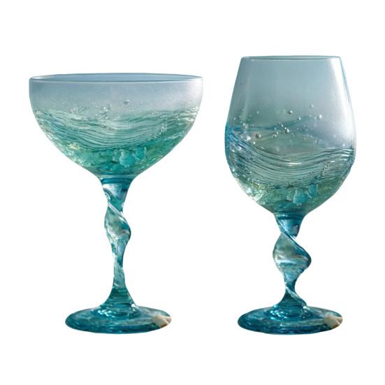 Okyanus Dalgası Spiral Saplı Şarap Kadehi El Üfleme Deniz Camı Kahve Kupası Buzlu Mavi Gradyan Renkli Cam Bardak
