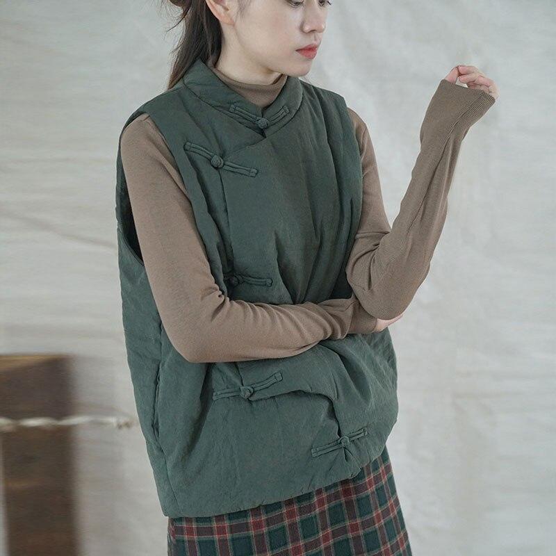 Johnature Women Stand Bead Quilted Vest Retro Polyester Solid Color Loose Padded Coat Winter Sleeveless Button Clothes