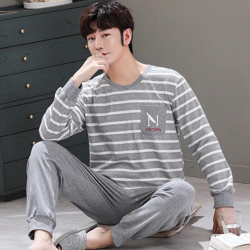 Casual Men Spring Autumn Nightwear Knitted Cotton Pajamas Set Long Sleeved Long Pants Fashion Elegant Mens Leisure