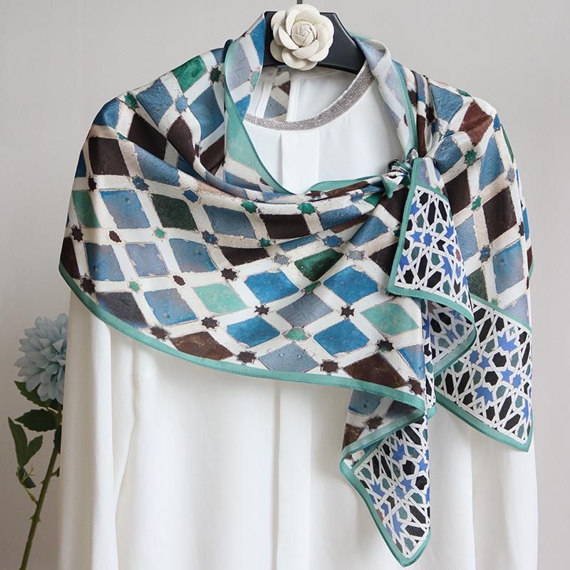 Geometric oil painting Hangzhou silk scarf silk double crepe long scarf mulberry silk streamer long strip scarf women s spring and autumn decorative 140*35CM
