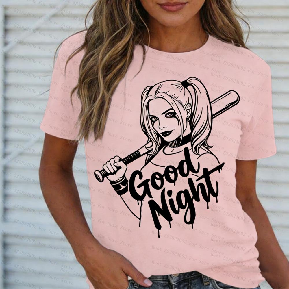 Womens Harley Quinn Good Night Graphic TShirt Casual Short Sleeve Tee Plus size Streetwear Top for Daily Wear Hot Selling