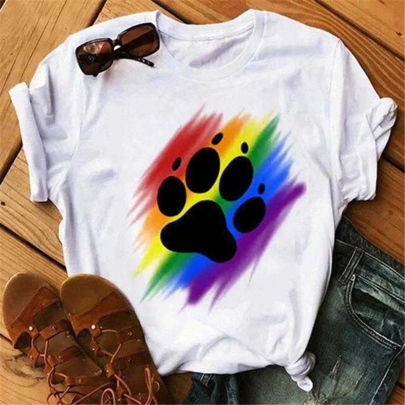 Women's Large Size Short Sleeve Crewneck T-Shirt Cartoon Hand-Painted Dog Paw Print Warm Polyester Fabric Summer Fashion