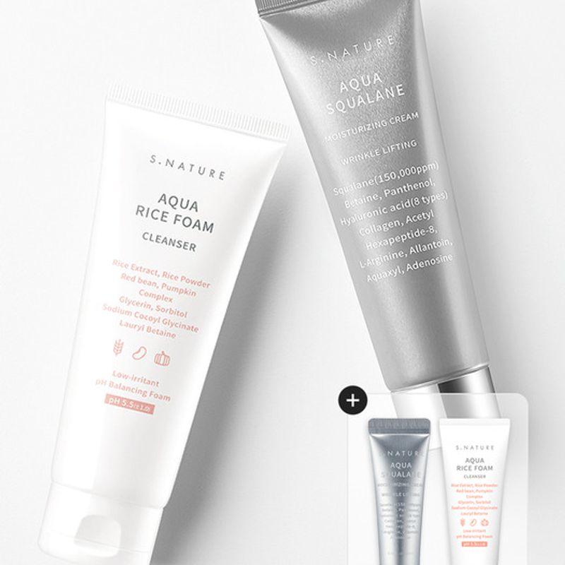 S.NATURE [W Concept Exclusive Project] Aqua Rice Cleansing Foam 160ml + Moisture Cream 60ml Set (+Moisture Cream 10ml + Cleansing Foam 20ml Free) Cleansing foam 160ml + moisturizing cream 60ml
