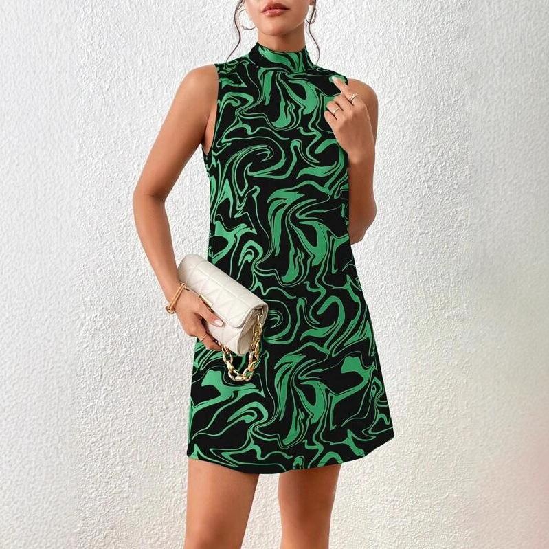 Women's summer European and American printed stand-up collar dress