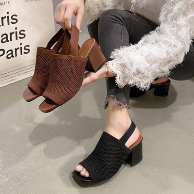 Damen Sandalen mit hohen Absätzen Sommer 2026 Neue atmungsaktive gestrickte Mode-Sandalen Bequeme quadratische Zehenpartie Hohe Absätze Übergröße 35-42
