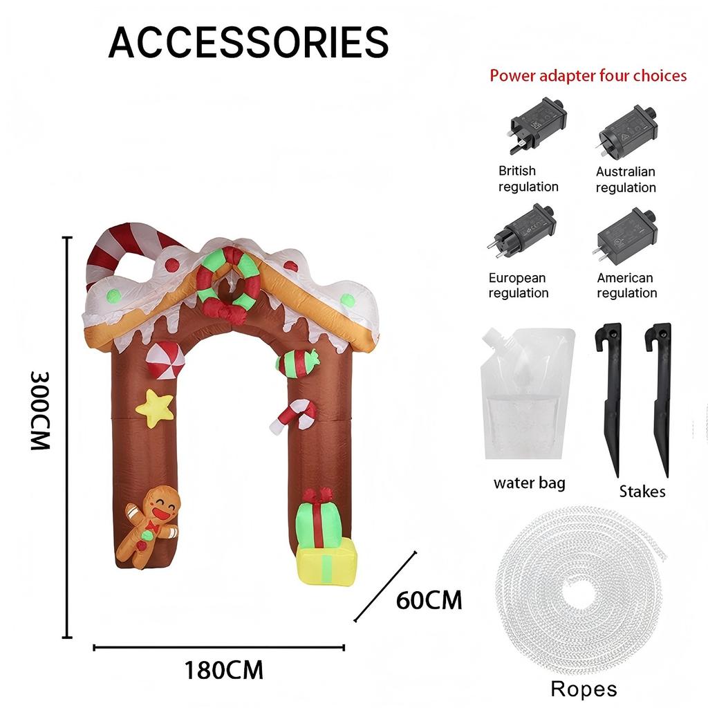 9.84FT Inflatable Toy Gingerbread House Arch with LED Lit Xmas Yard Lawn Party Decoration Christmas Home Supplies Ornament Gifts