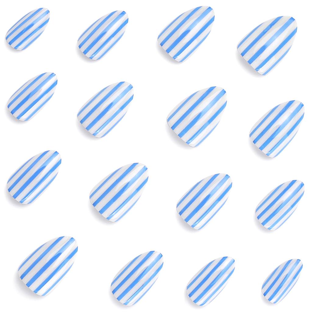 Unghie Corte Mandorla a Strisce Bianche e Blu Le Fan - Semplice Design Color Blocking