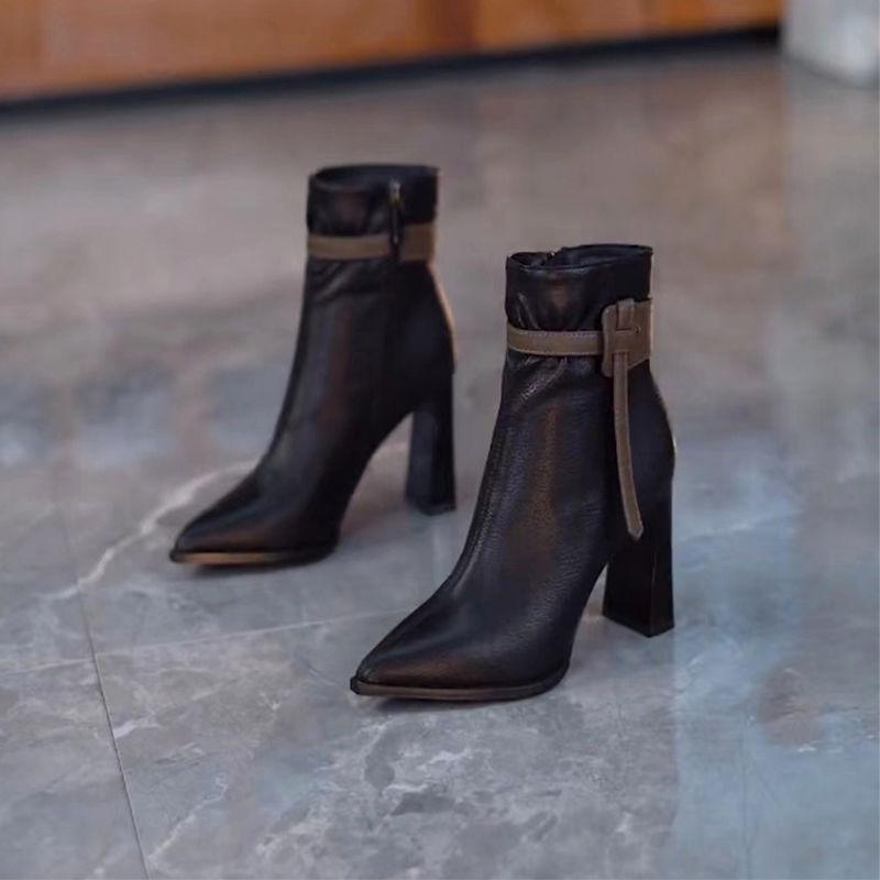 Coarse Heel Fashion Versatile Fashion Boots Women's Pointed Fashion Thin Boots 2025 Autumn and Winter New Side Zipper High Heel Short Boots