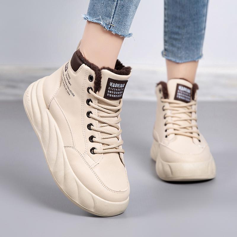 Women's White Chunky-Sole Sneakers High-Top Fleece-Lined Slip-Resistant All-Weather Warm Boots Durable Casual Style