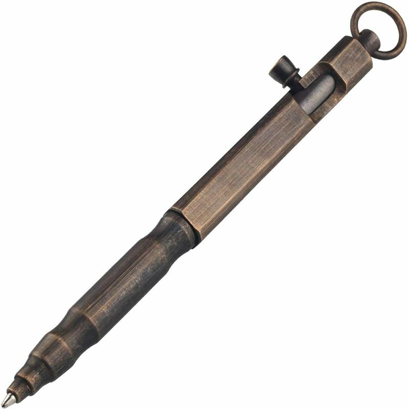 Tragbarer Bolt-Action-Stift aus massivem Messing mit Ring, quadratische Form, Retro-Stil, Taschen-Business-Signatur