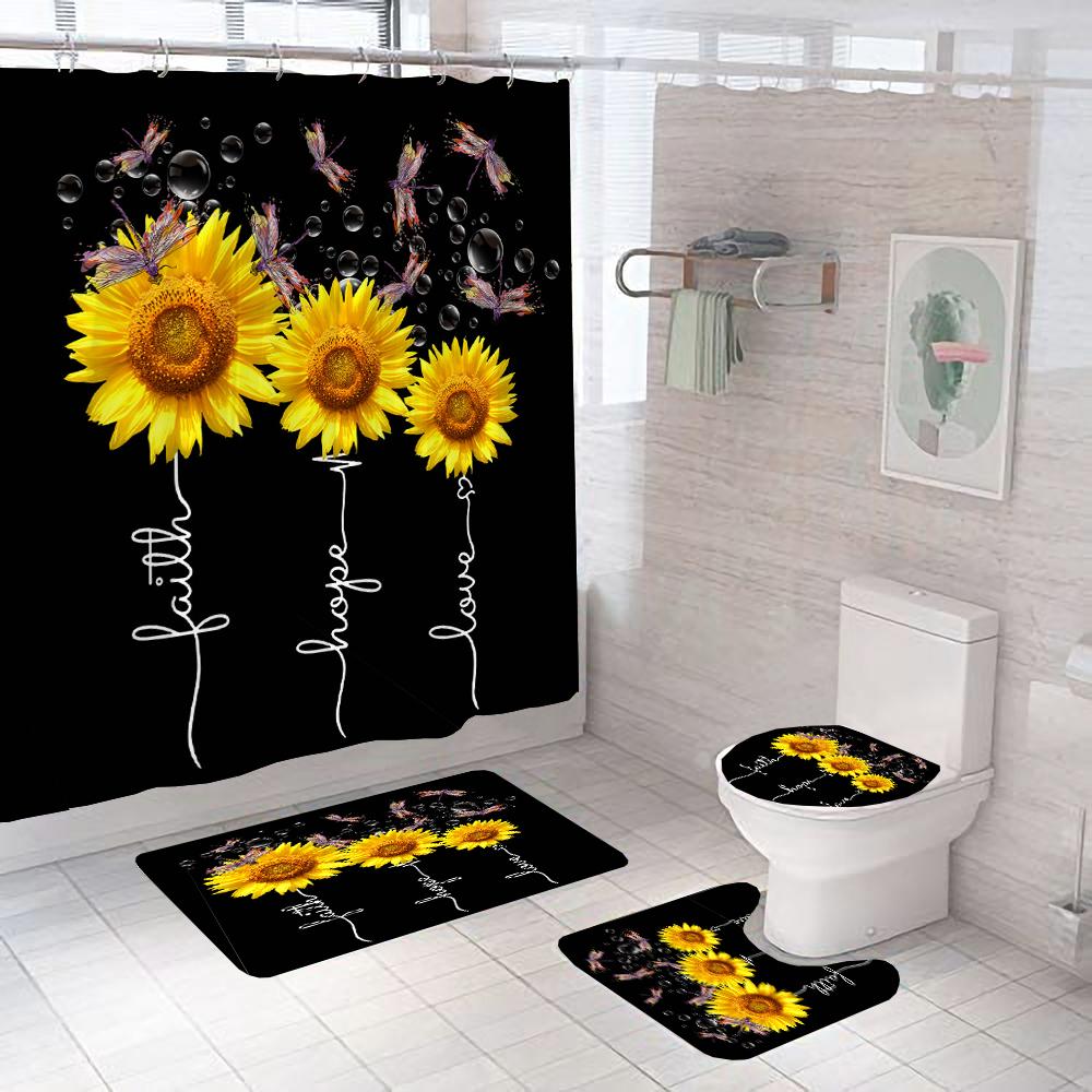 Magic Sunflower Butterfly Shower Curtain Sets Black Yellow Art Country Flower Bathroom Decor Curtains Bath Mats Rug Toilet Cover