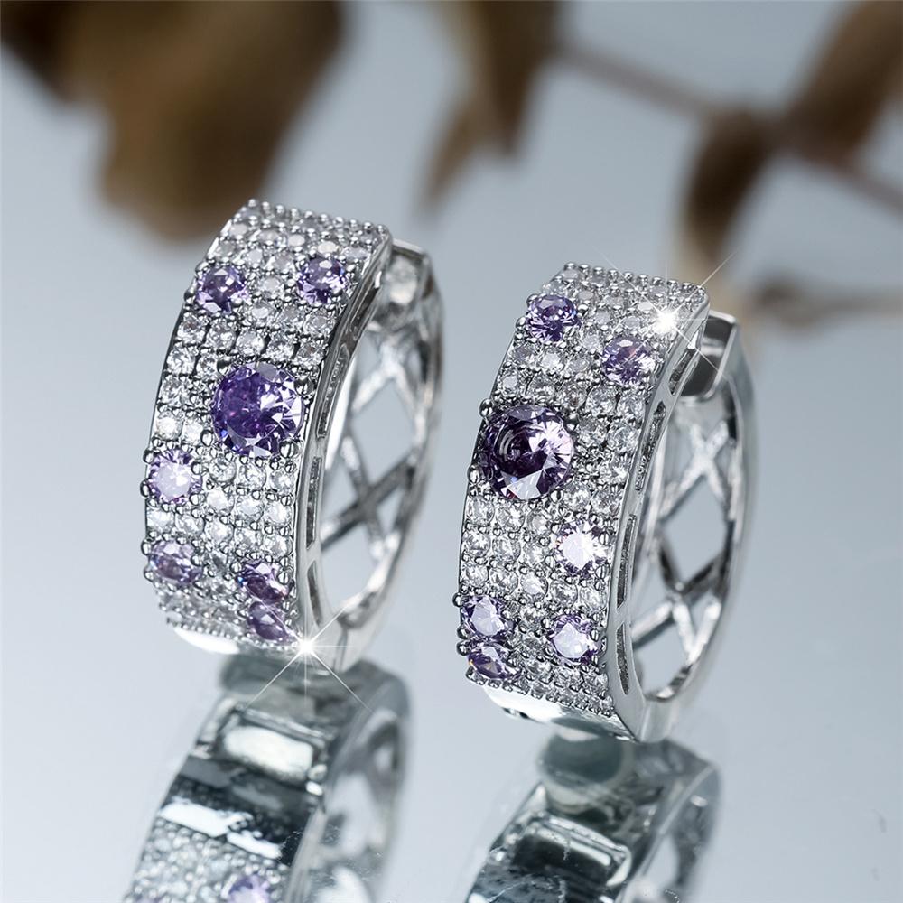 Lindos Pendientes de Aro Redondos de Zirconia Blanca y Morada para Mujer, Joyería de Boda Simple de Color Plateado Vintage para Mujer