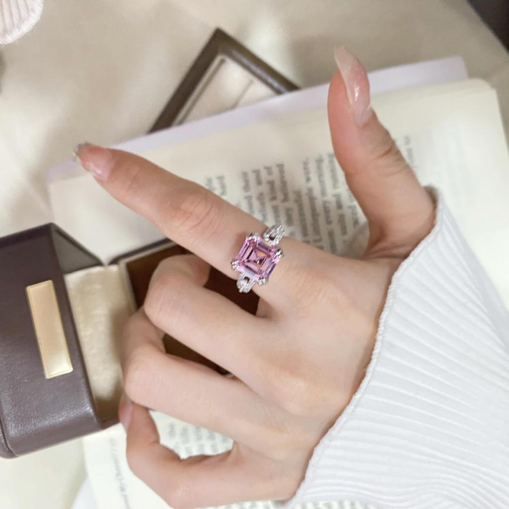 Elegant Yellow Diamond Ring with Square Pink Open Design