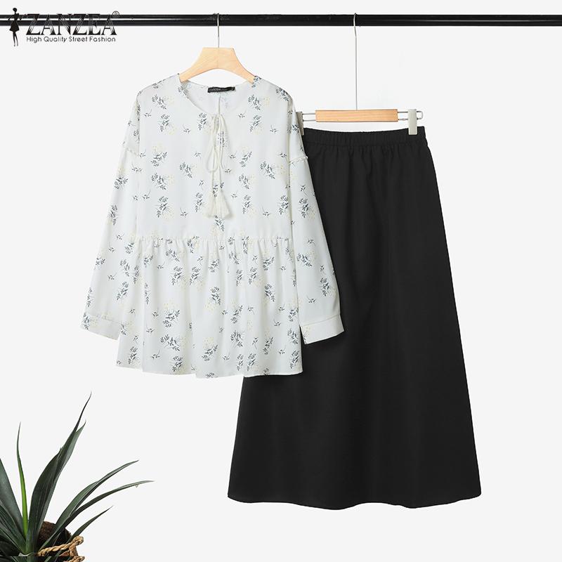 ZANZEA Women Loose Print Blouse and Long Skirts Casual Two Piece Suit Sets