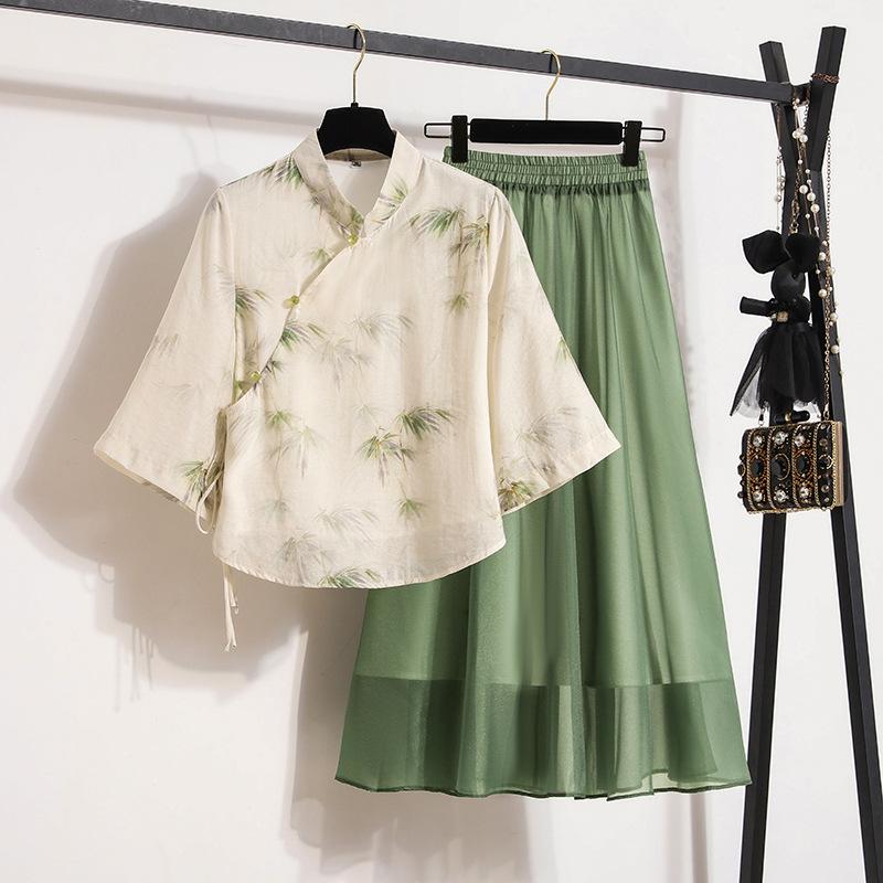 Plus Size Women's Chinese Hanfu Retro Top & Slimming Cheongsam Skirt Suit