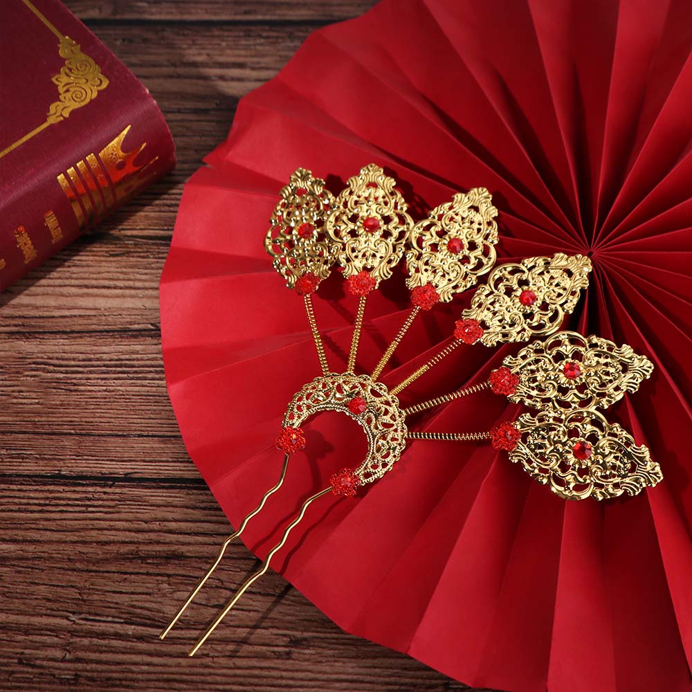 Gold Thai Hair Sticks Flower U-shaped Hair Fork Vintage Thai Metal Leaves Hairpin  Women