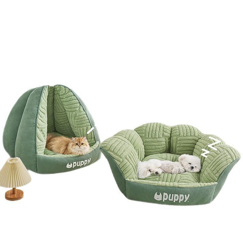 Cozy Semi-Enclosed Pet Bed Small Dogs Cats - Warm Thickened PP Cotton Nest House All-Season Indoor Outdoor Use