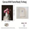 Wooden frame - chicken wearing pink denim hat print canvas wall art poster decoration wall art - including hanging hardware