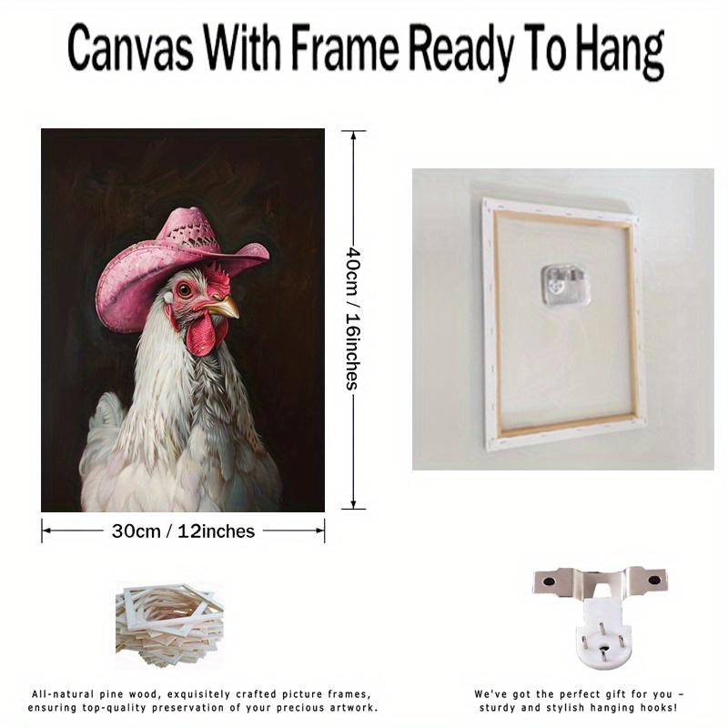 Wooden frame - chicken wearing pink denim hat print canvas wall art poster decoration wall art - including hanging hardware