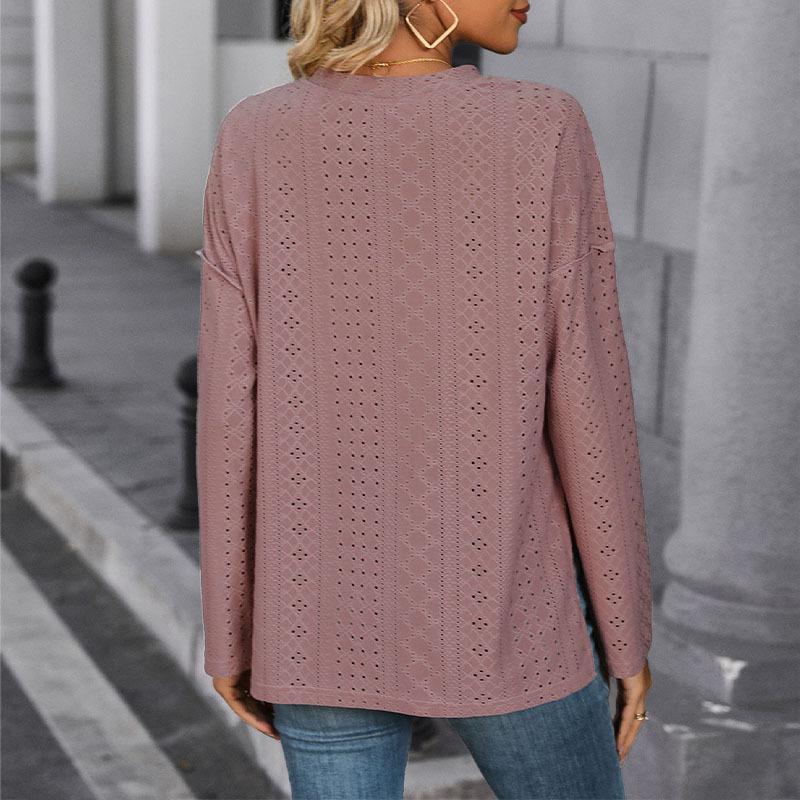 Spring and Autumn Women's Solid Colour Knitted Jacquard Long Sleeve Top