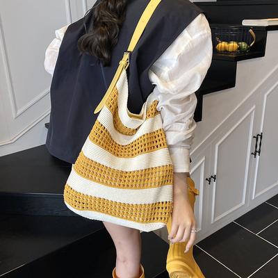 New Tote Bag Niche Design Contrasting Color Striped Knitted Bag Simple Hollow Portable Shoulder Bag Women