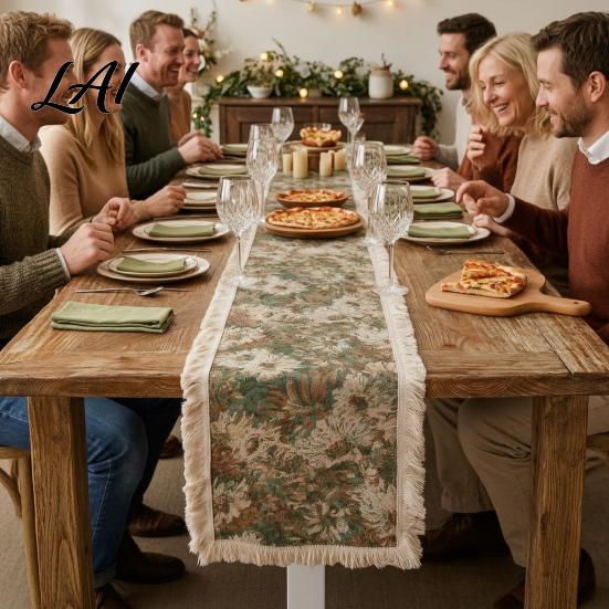 Farmhouse Style Table Cover Floral Jacquard Runner Boho Fringed Retro Vintage Runners for Dining Table Home Party Decor Autumn Decorations