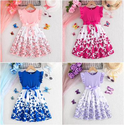 Mädchen Ärmelloses Kleid mit Schmetterlingsdruck & Gürtel-Set