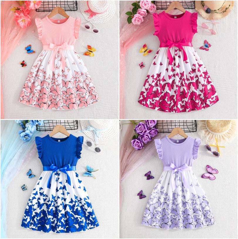 Girls' Sleeveless Butterfly Print Dress & Belt Set
