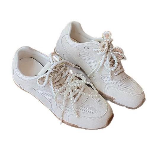 2025 spring new platform sports shoes comfortable soft sole breathable dad shoes pearl lace-up silver casual women's shoes