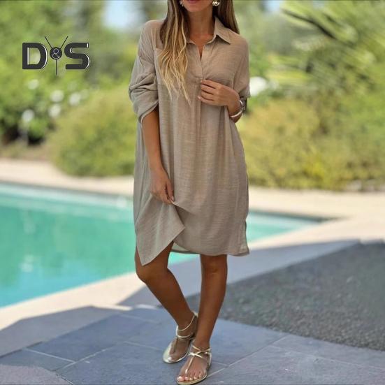 Lady Beach Shirt Dress with Cufflinks Thin Loose Side Slit Midi Dress Turn-down Collar Long Sleeve Dress for Vacation Daily Wear