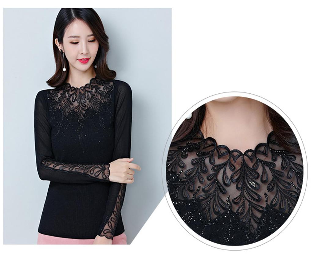 Yuoku Round Neck Top with Black Lace Floral Mesh and Long Slim Perfect for Everyday Ballroom Modern Practice Dance Lesson Latin Dance Costume Women's
