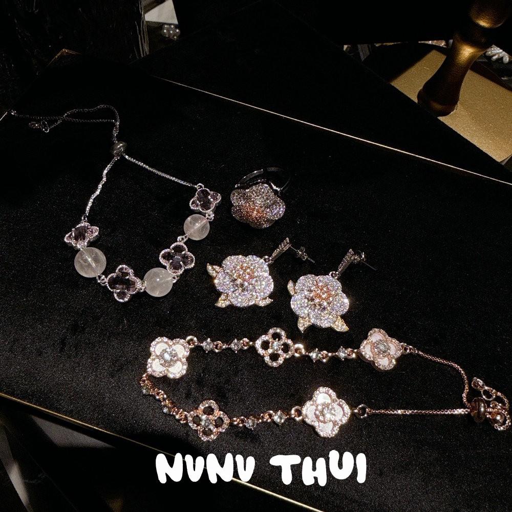 Jewelry, Italian Retro Camellia Gemstone Earrings, Light Luxury And High-End, Floral Fritillary Zircon Bracelet, Set.