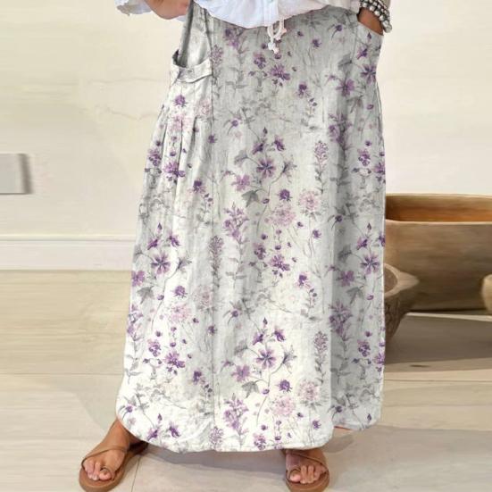Women Maxi Skirt Elastic Waist Flower Leaf Printed Skirt Bohemia Style A-Line