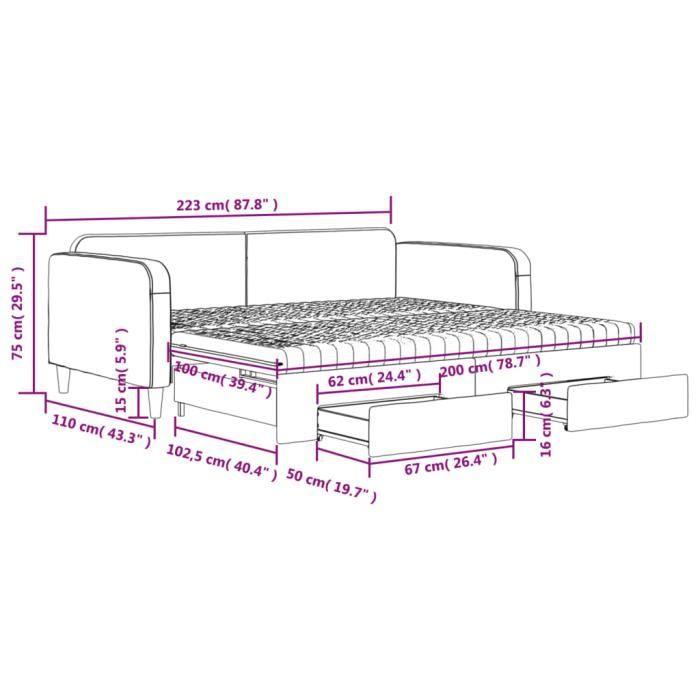 VidaXL Daybed with Trundle and Drawers Dark Grey 100x200 Cm Fabric 3196876