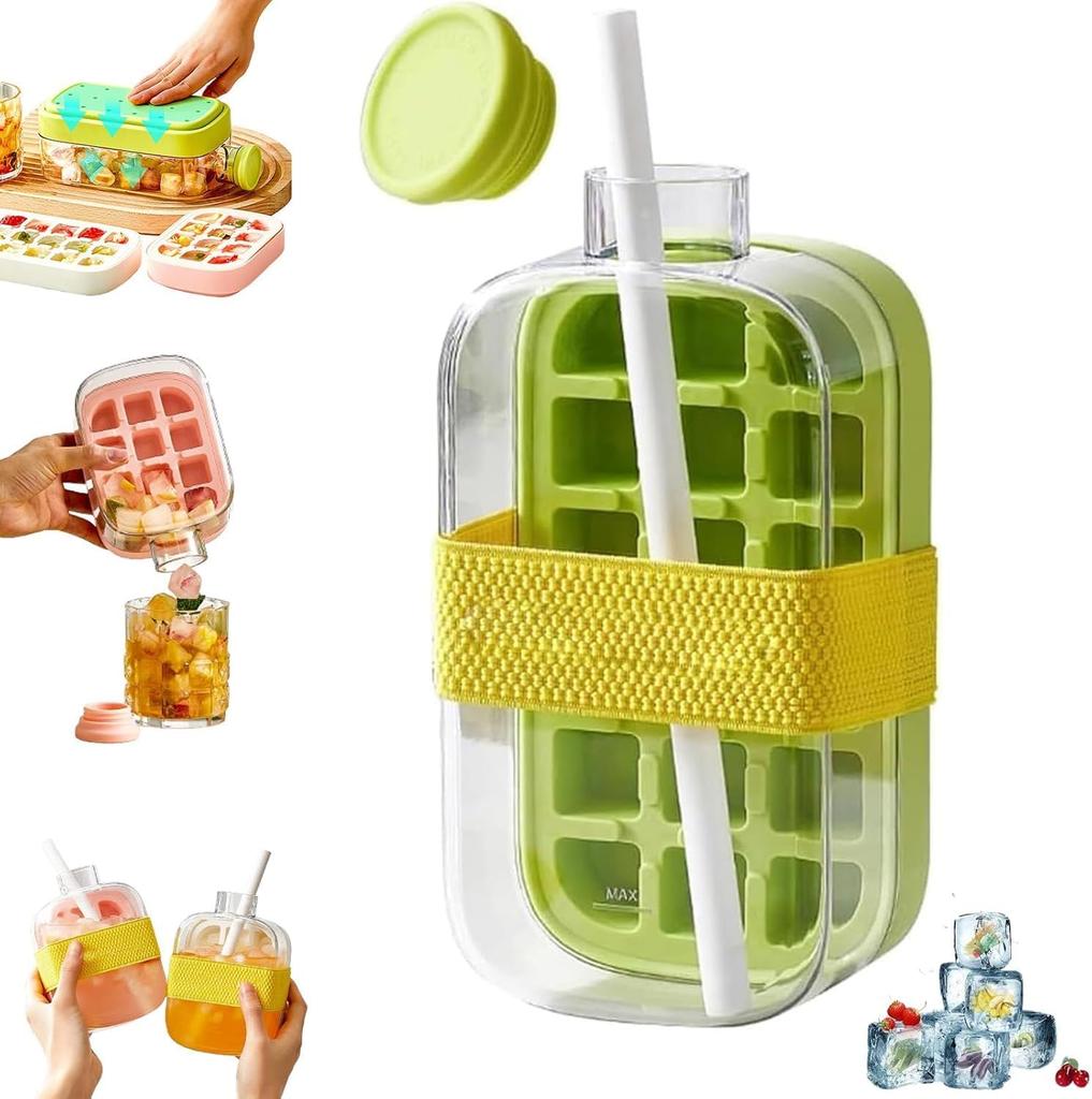 Ice Cube Bottle, Ice Cube Bottle with Lid and Container, 2 In 1 Ice Cube Tray, Water Bottle with Lid and Container