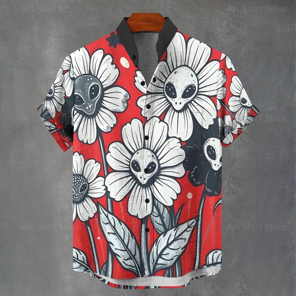 Men's and Women's Summer Shirts Fashion Cool Alien Pattern Printed Short Sleeve Casual Outdoor Men's Clothing Blouse