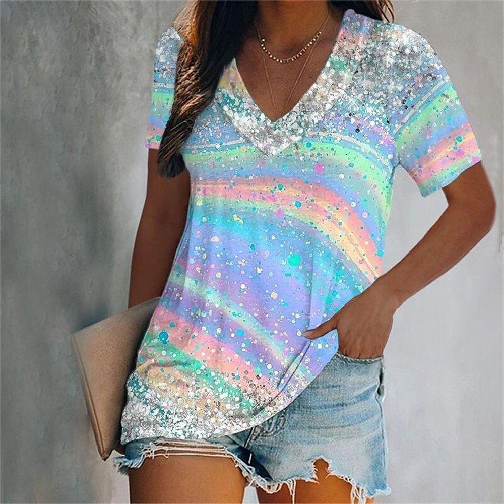 Fashion V-Neck Short Sleeve Colorful Tassels Print T-Shirts Summer Casual Elegant Women's Large Size T-Shirts