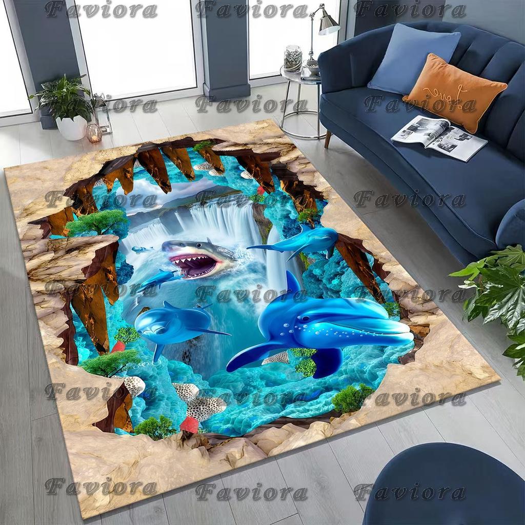 27 Style 3D Illusion Sea Underwater World Dolphin Rug for Bedroom Living Room Sofa Home Doormat Decor, Kids Non-slip Floor Mat