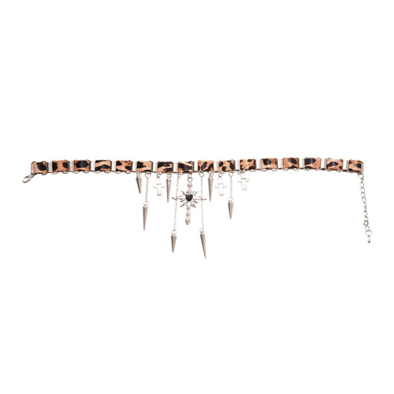 New Punk Gothic Rivet Cross Pendant Necklaces for Women Men Hiphop Leopard Print Plush Collarbone Necklaces Jewelry Accessories