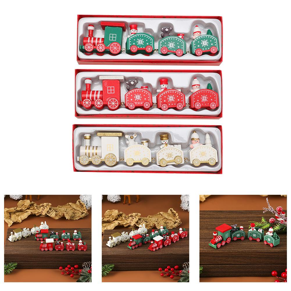 3Pcs Wooden Christmas Train Miniature Holiday Decorations for Tree Tabletop Seasonal Ornaments for Party and Home Use