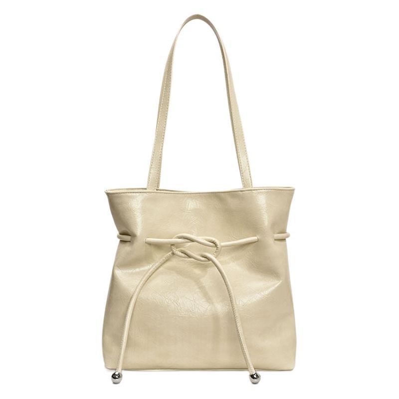 Korean lazy style large capacity tote bag women's strap bow pleats oil wax leather shoulder bag blue bucket bag