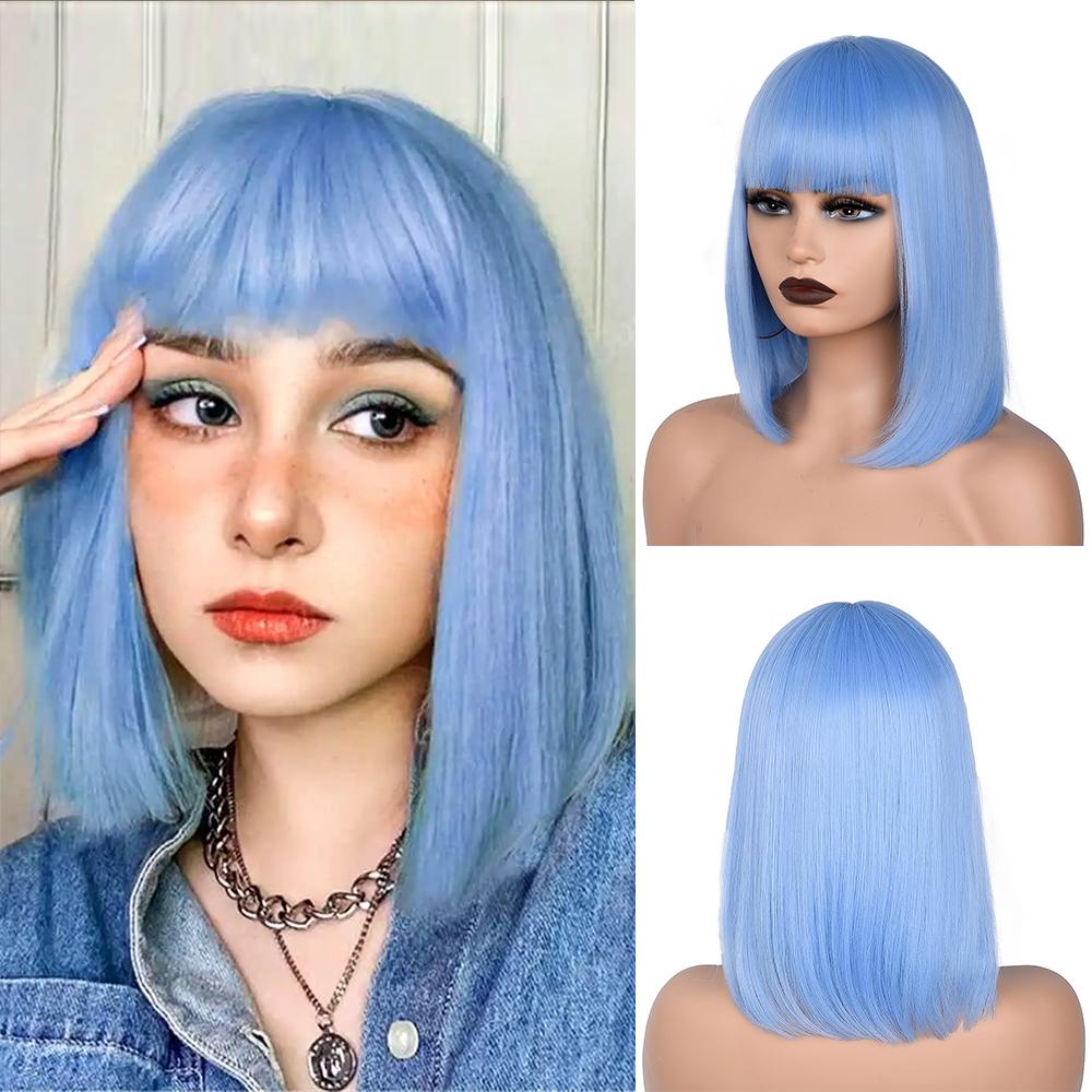 Professional  Short Straight Bob Wig for Women Synthetic Wigs Brown to Blonde Natural Fake Hair Heatresistant Wig Pink Wig With Bangs