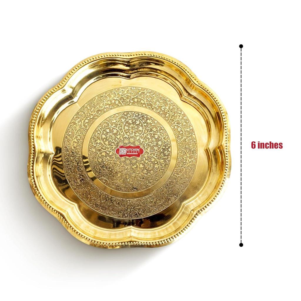Kitchen Expert Small Brass Plate | 15cm | Pooja Thali | Engraved Flower Design | Ideal