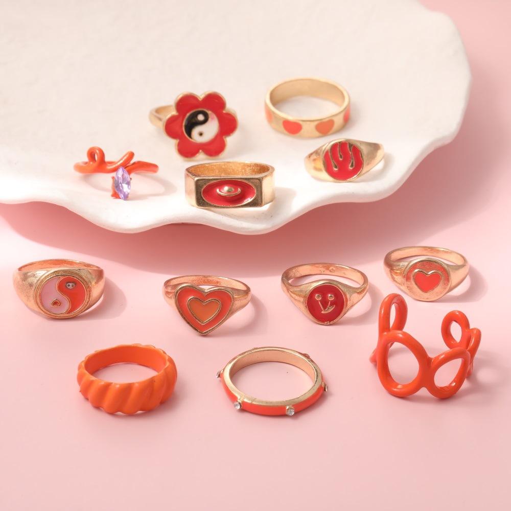 Value Ring Fashion Drip Oil Sunflower Love Diamond Combination Tide 12-Piece Ring Women