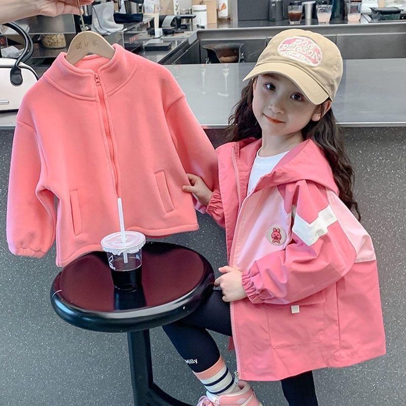 Geacă de toamnă și primăvară groasă hardshell 3 în 1 pentru fete, modă pentru copii, cu glugă