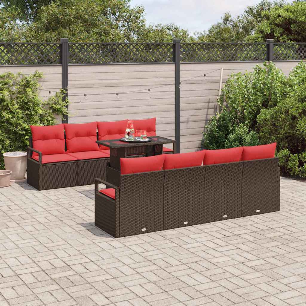 Garden Sofa Set with Cushions and Storage 9 Pieces Brown Poly Rattan